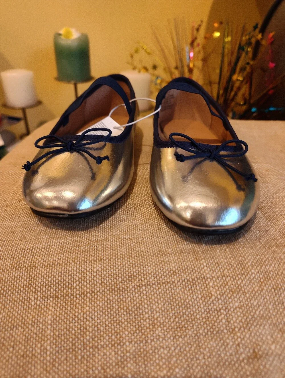 Silver Metallic Ballet Flats with Navy Trim